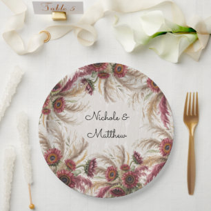 Burgundy Sunflower & Pampas Grass Wedding Paper Plate