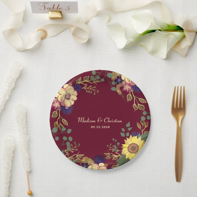 Burgundy Sunflower Rustic Wedding Paper Plate (Wedding)
