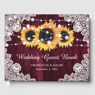 Burgundy Sunflower Rustic Wood Lace Wedding Guest Book