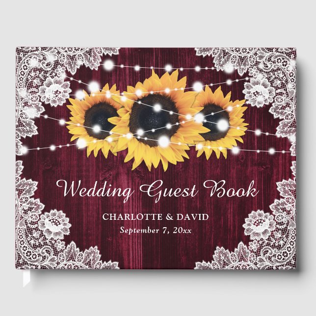 Burgundy Sunflower Rustic Wood Lace Wedding Guest Book (Front)