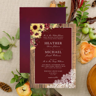 Burgundy Sunflower Rustic Wood Script Wedding Invi Invitation