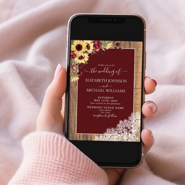 Burgundy Sunflower Rustic Wood Script Wedding Invitation (Creator Uploaded)