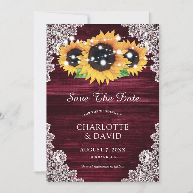 Burgundy Sunflower Save The Date Cards (Front)