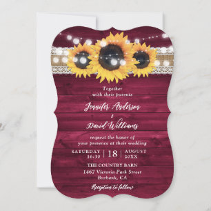 Burgundy Sunflower String Lights Wood Wedding Invitation