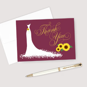 Burgundy Sunflower Wedding Gown Bridal Shower Thank You Card