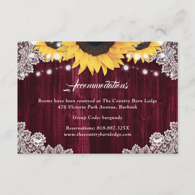 Burgundy Sunflower Wedding Hotel Accommodation Enclosure Card (Front)