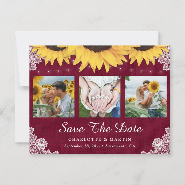 Burgundy Sunflower Wedding Photo Save The Date (Front)