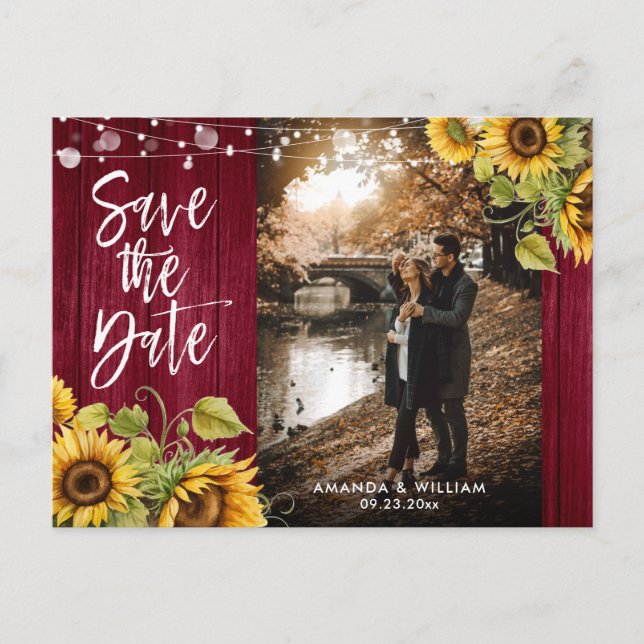 Burgundy Sunflower Wedding Photo Save The Date Announcement Postcard (Front)