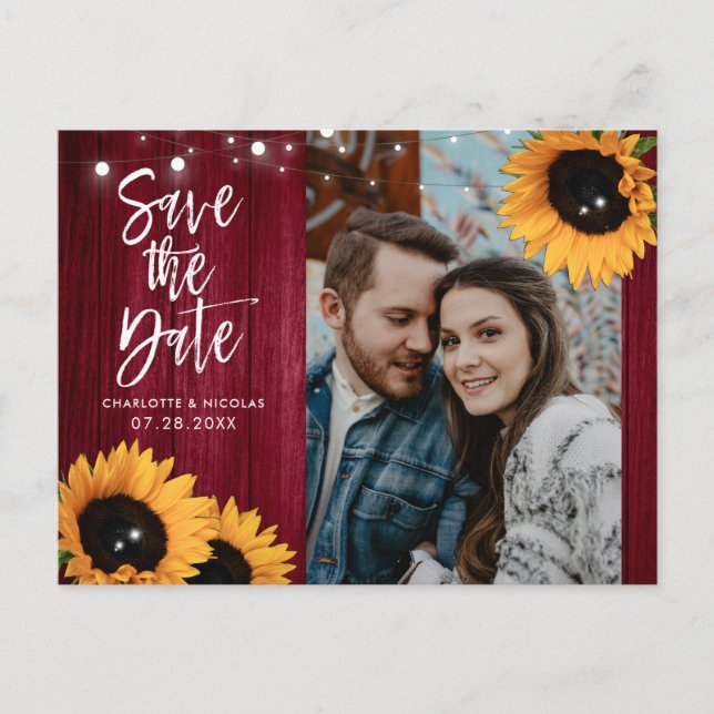 Burgundy Sunflower Wedding Save The Date Photo Postcard (Front)