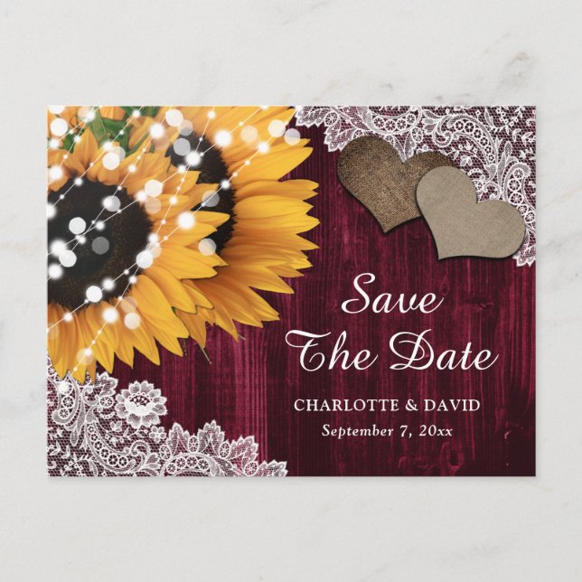 Burgundy Sunflower Wedding Save The Date Postcard (Front)