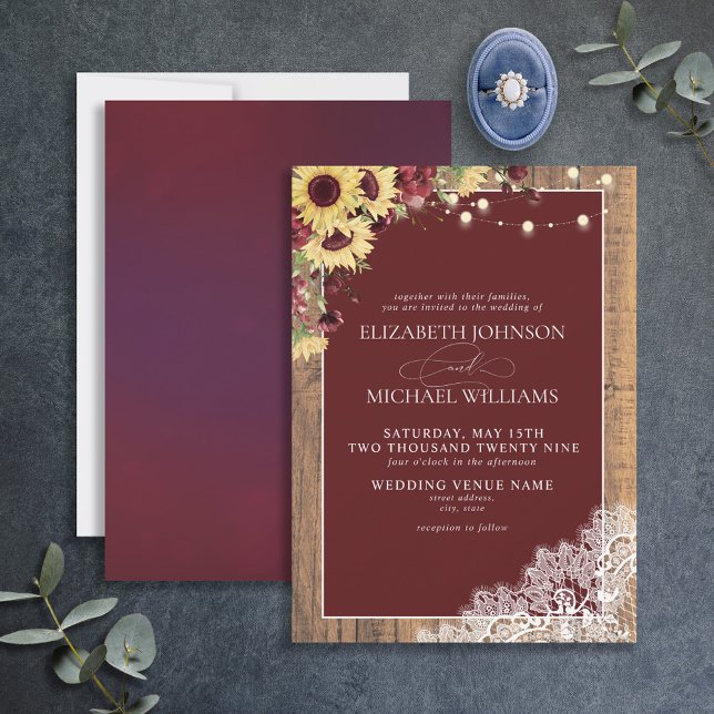 Burgundy Sunflower Wood Lace Script Wedding Invita Invitation (Creator Uploaded)
