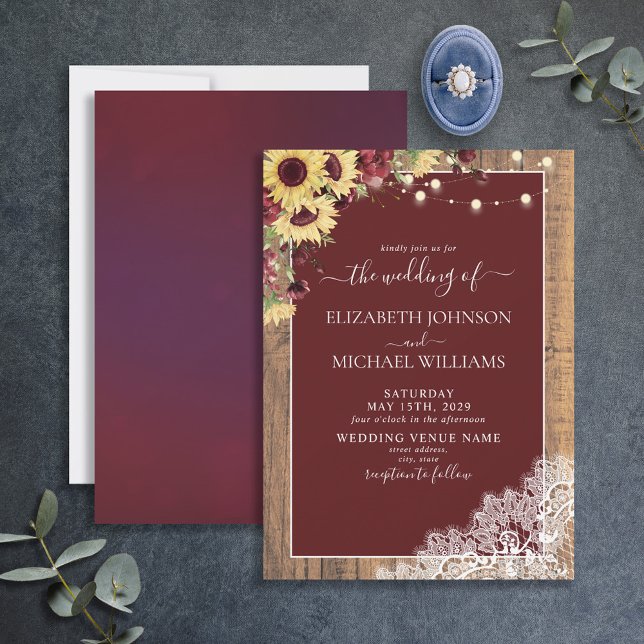 Burgundy Sunflower Wood Lace Script Wedding Invitation (Creator Uploaded)