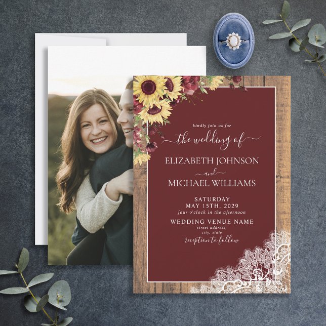 Burgundy Sunflower Wood Script Photo Wedding Invitation (Creator Uploaded)