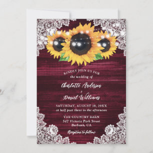 Burgundy Sunflower Wood String Lights Wedding Invitation