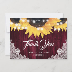 Burgundy Sunflower Wood String Lights Wedding Thank You Card