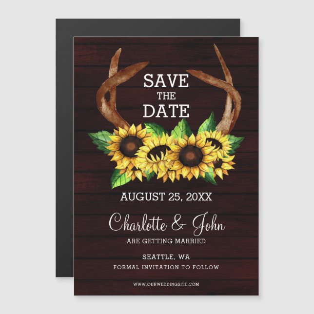 Burgundy sunflowers antlers country save the date  magnetic invitation (Front/Back)