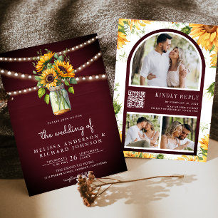 Burgundy Sunflowers Mason Jar QR Code Wedding Invitation