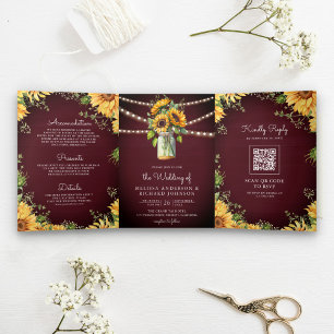 Burgundy Sunflowers Mason Jar QR Code Wedding Tri-Fold Invitation