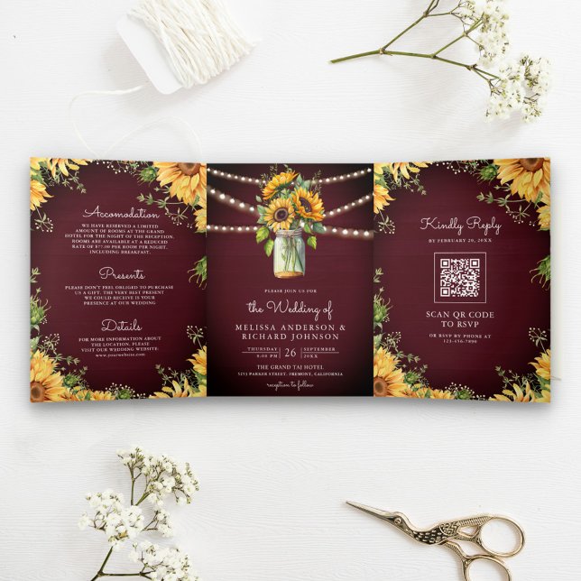 Burgundy Sunflowers Mason Jar QR Code Wedding Tri-Fold Invitation (Creator Uploaded)