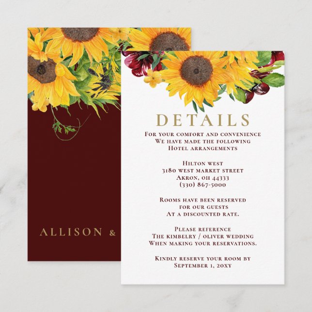 Burgundy Sunflowers Rustic Wedding Enclosure Card (Front/Back)