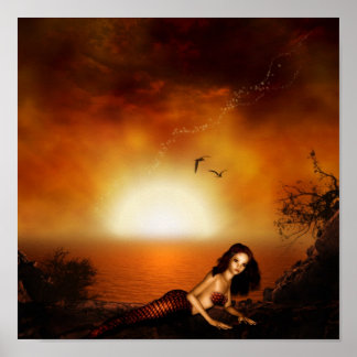 Burgundy Sunset Mermaid Poster Print