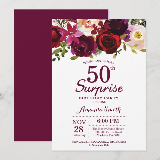 Burgundy Surprise Floral 50th Birthday Party Invitation (Front/Back)