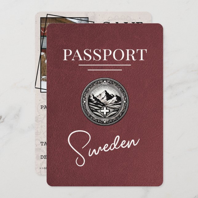 Burgundy Sweden Passport Save The Date (Front/Back)