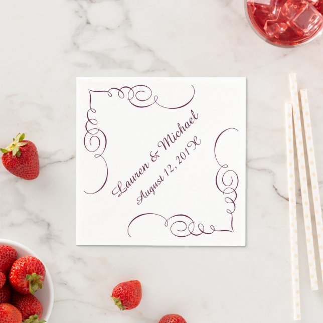 Burgundy Swirl Border Personalised Wedding Napkin (Insitu)