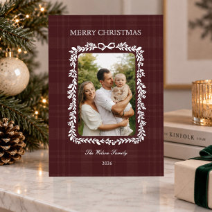 Burgundy Tartan Botanical Christmas Family Photo Foil Holiday Card