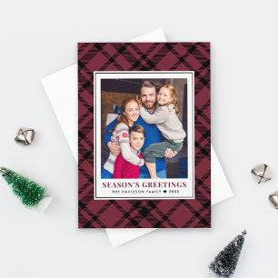Burgundy Tartan Plaid Seasons Greetings Photo Holiday Card