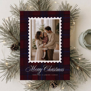 Burgundy Tartan Wavy Frame Christmas Photo Card