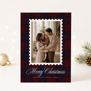 Burgundy Tartan Wavy Frame Christmas Photo Card