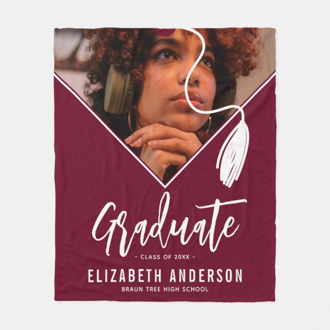 Burgundy Tassel Cap Photo Graduation Fleece Blanket (Front)