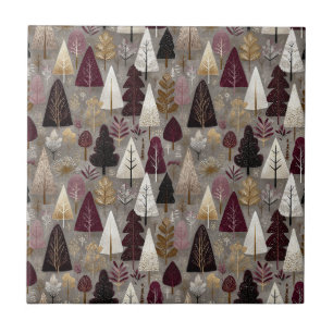 Burgundy Taupe Folk Art Winter Forest Tile