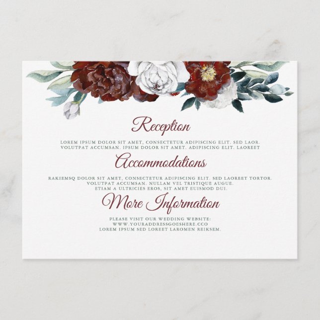 Burgundy Teal and White Wedding Information Guest Enclosure Card (Front)
