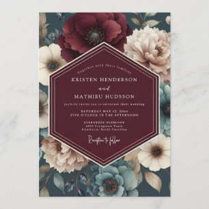 Burgundy Teal Bloom Wedding Invitation