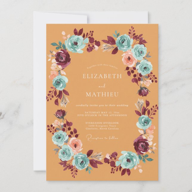 Burgundy Teal Ethereal Bloom Wedding Invitation (Front)