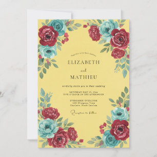Burgundy Teal Painted Wedding Invitation