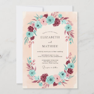 Burgundy Teal Ranunculus Eucalyptus Wedding Invitation