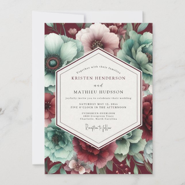 Burgundy & Teal Vintage Bloom Wedding Invitation (Front)