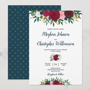 Burgundy Teal Watercolor Floral Wedding Invitation