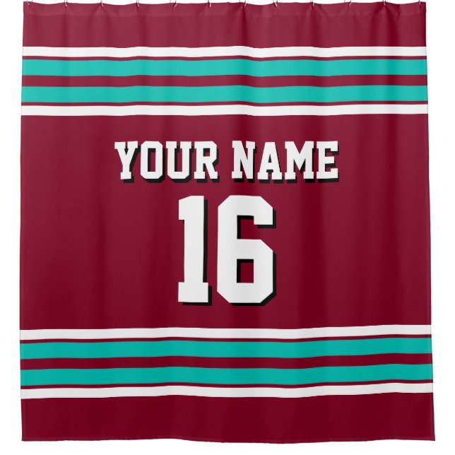 Burgundy Teal White Stripes Sports Jersey Shower Curtain (Front)