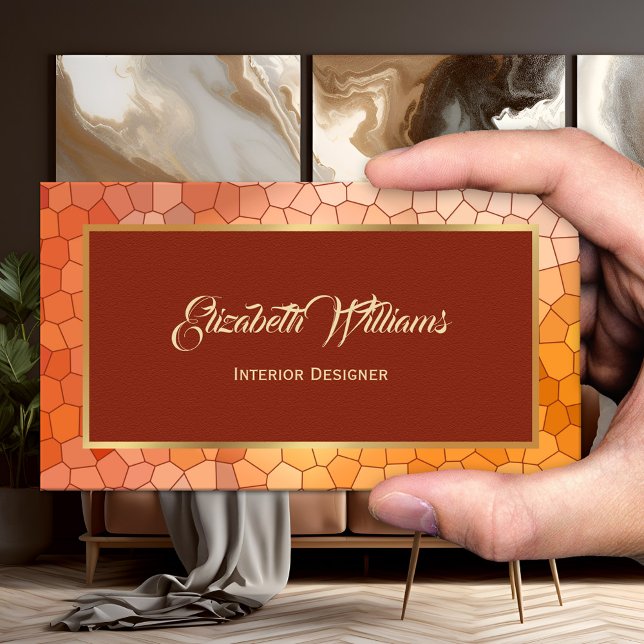 Burgundy Terra Cotta Gold Interior Design Business Card (Business card showing a stained glass design with burgundy, terra cotta and gold - interior designer)