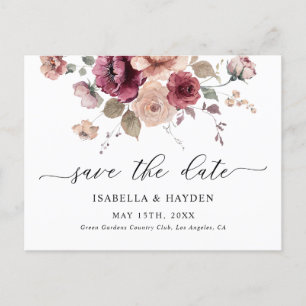Burgundy Terracotta Fall Floral Save The Date Announcement Postcard