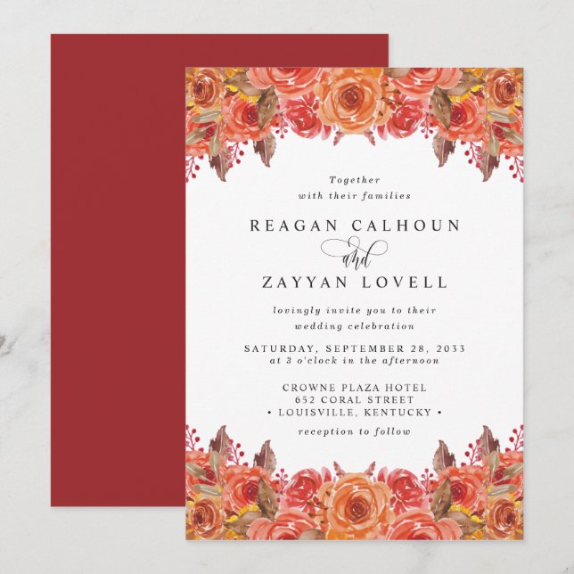 Burgundy Terracotta Fall Floral Wedding Invitation (Front/Back)