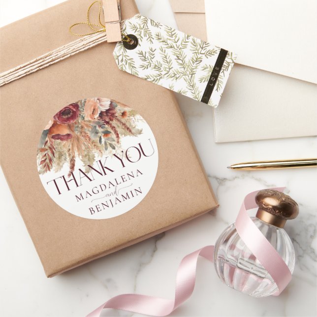 Burgundy Terracotta Fall Florals Pampas Thank You Classic Round Sticker (Gifting)