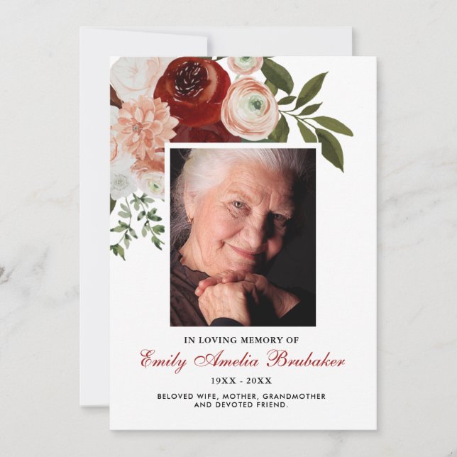 Burgundy Terracotta Floral Funeral Sympathy Thank You Card (Front)