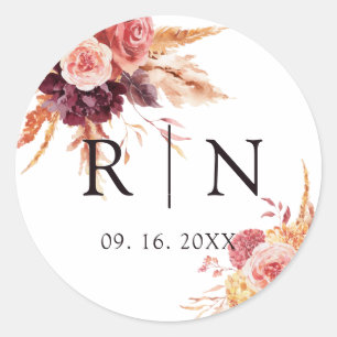 Burgundy Terracotta Floral Wedding Monogram Classic Round Sticker