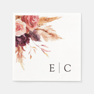 Burgundy Terracotta Floral Wedding Monogram  Napkin