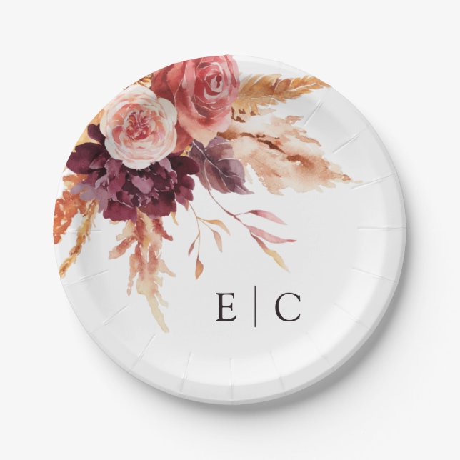 Burgundy Terracotta Floral Wedding Monogram Paper Plate (Front)